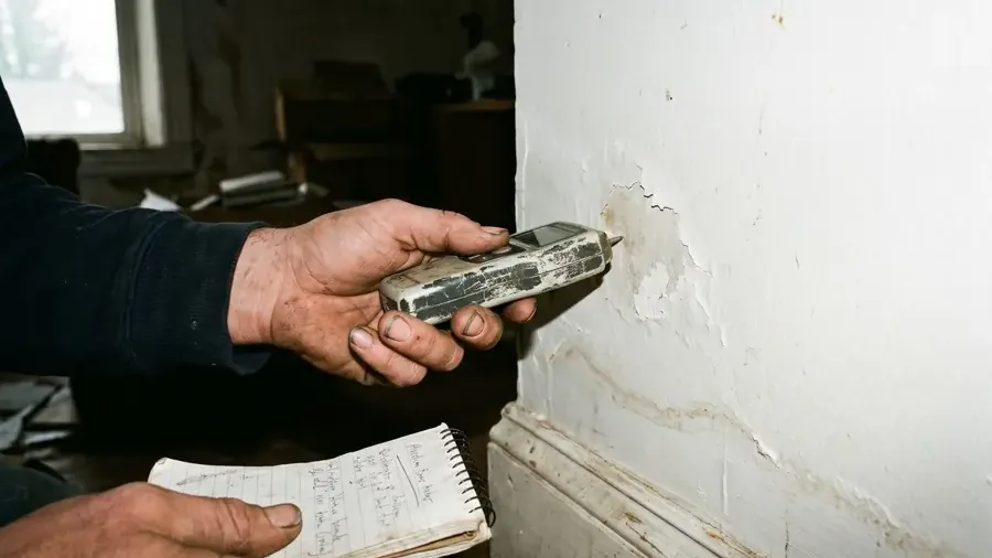 Moisture meter checking a water-stained wall during a dry-out
