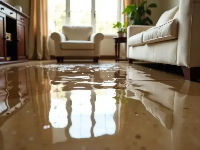 Water spread across a living room floor before extraction
