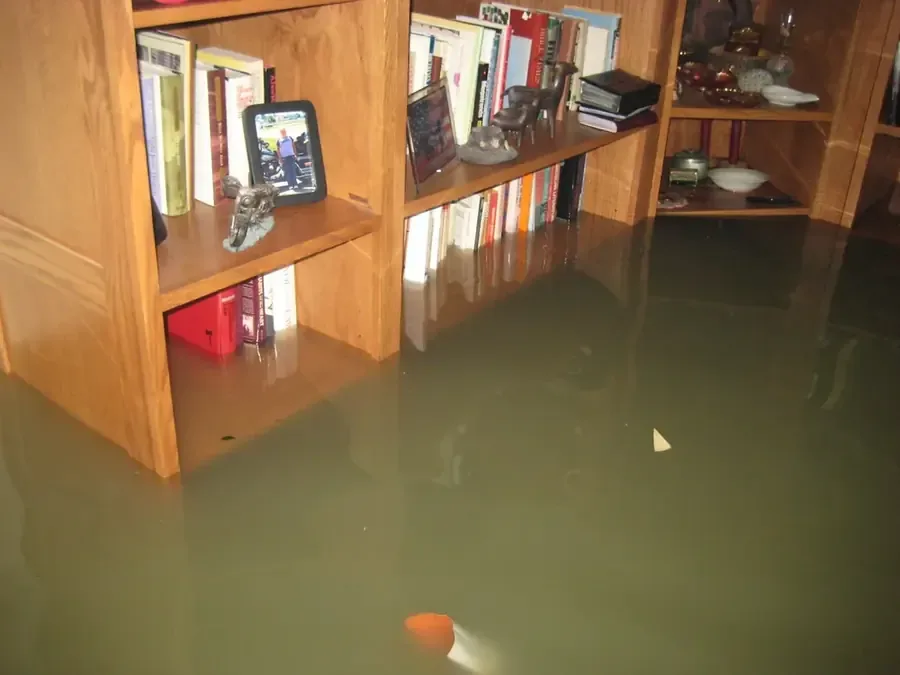 Standing storm water across the floor of a flooded room
