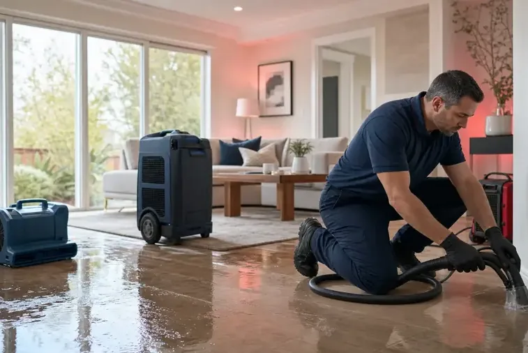 Restoration tech extracting water beside an air mover and a dehumidifier in a living room