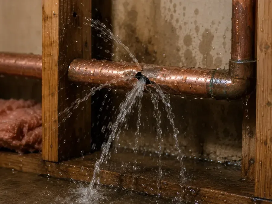 Water spraying from a burst supply pipe inside a home