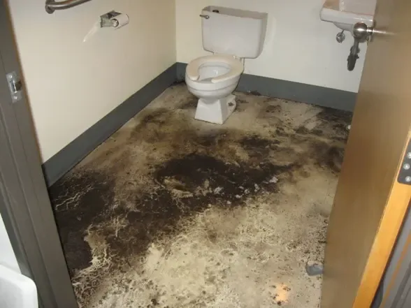 Dark stained bathroom floor around a toilet after a sewage backup