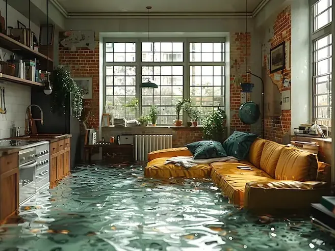 Floodwater standing across a living room and kitchen after a storm